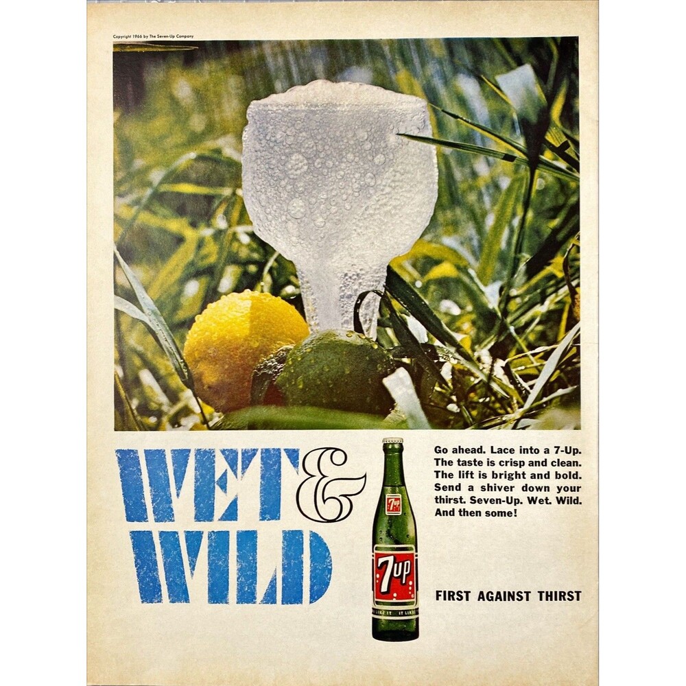 7UP "Wet & Wild: First Against Thirst" Vintage Print Ad 1966